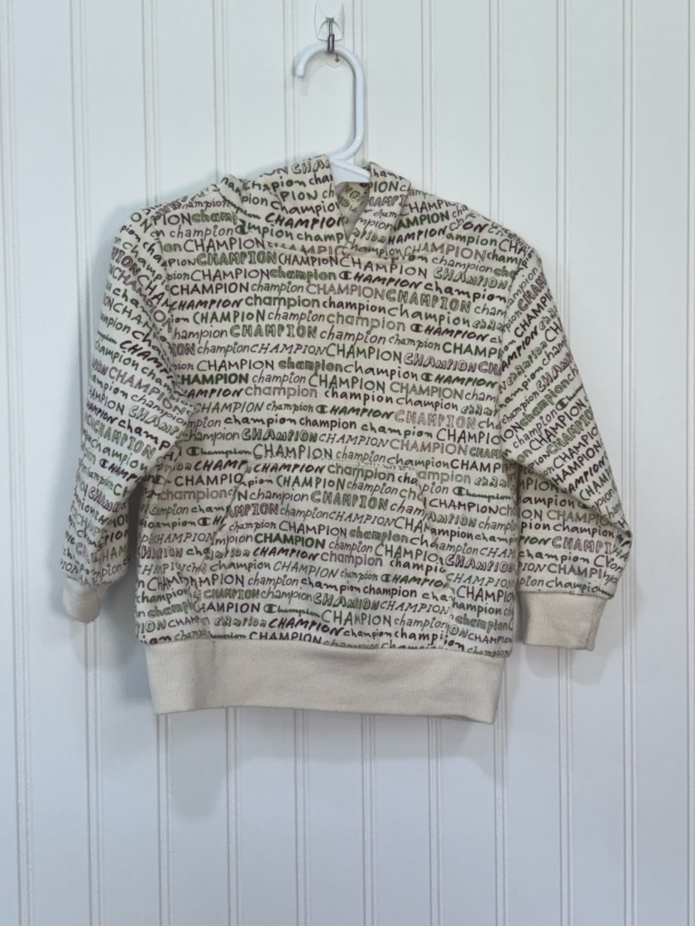 Champion kids Cream Pullover hoodie with Olive and Brown Logo Script